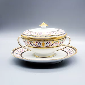A very rare Wolfe Hamilton hybrid-hardpaste porcelain ecuelle, cover and stand, circa 1805
