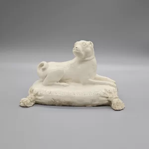 A Bow white porcelain model of a pug dog, circa 1753